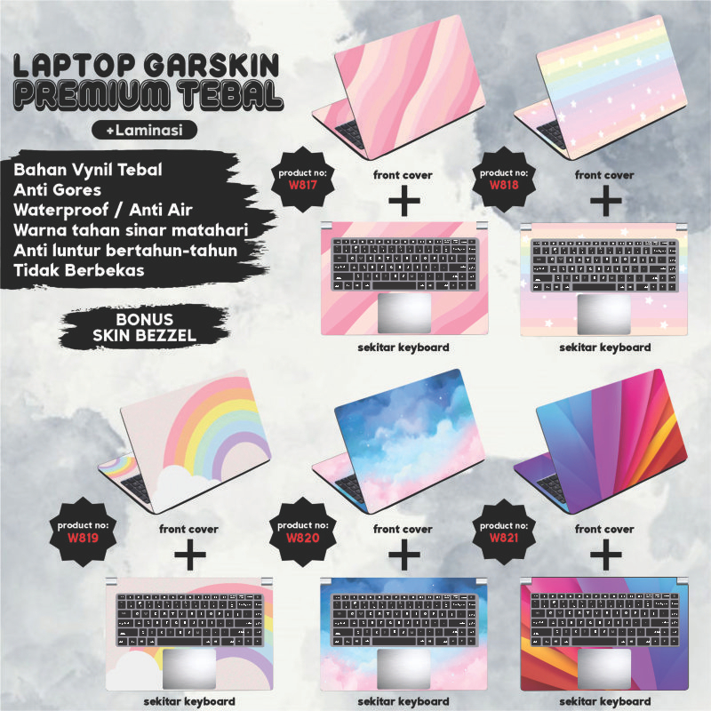 Garskin Laptop Anti Gores Colorful Pastel Cute Premium Full set 10 12 13 14 15 inch  Universal Untuk Semua Merk Laptop