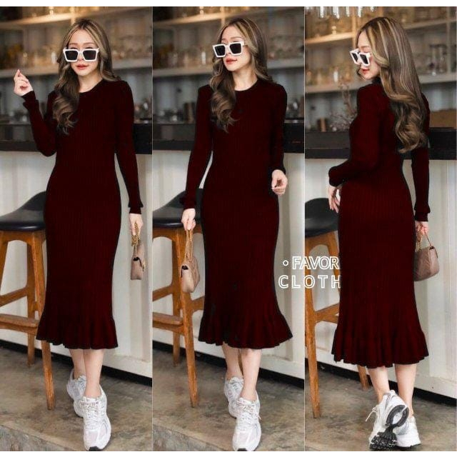 Dress Korean Style Kinara bahan Rajut HOPYLOVY