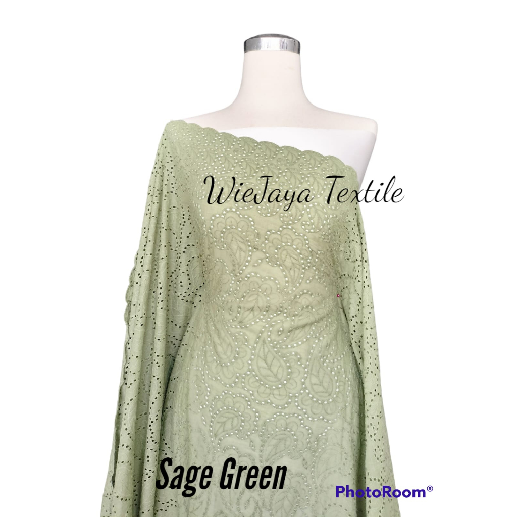 Katun Bordir Motif Ekor bolong bolong murah Grade A khusus warna Sage Green, cocok utk Mukena, Kebaya Encim, Blouse, Dress,  Baju Anak , Adem, Tipis Nyaman dipakai