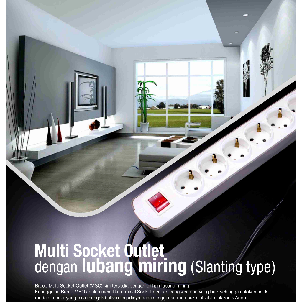 BROCO 15646 Stop Kontak Arde 4 Lubang Slanting + Kabel 1.5Meter + Saklar Individual