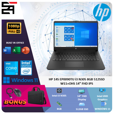 HP 14S i3 N305 8GB 512GB SSD W11+OHS 14 Inchi FHD IPS