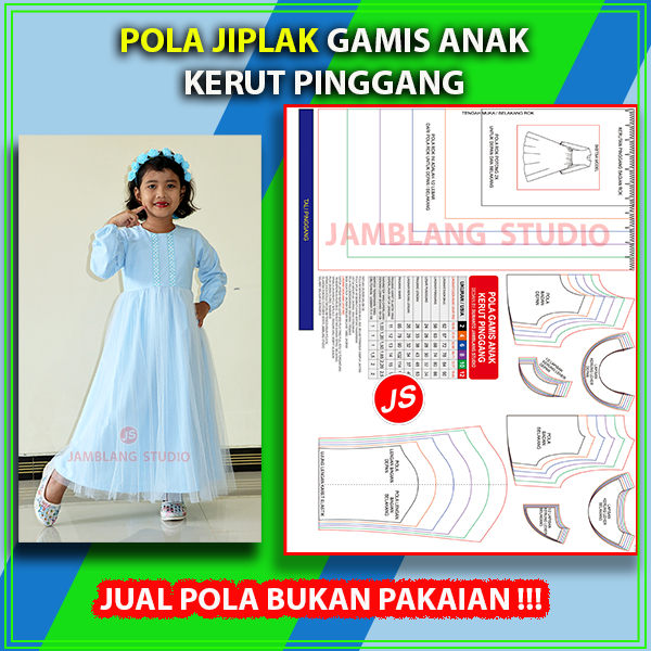 Pola Jiplak Gamis Anak Kerut Pinggang umur 2 sampai 12 tahun JIP014