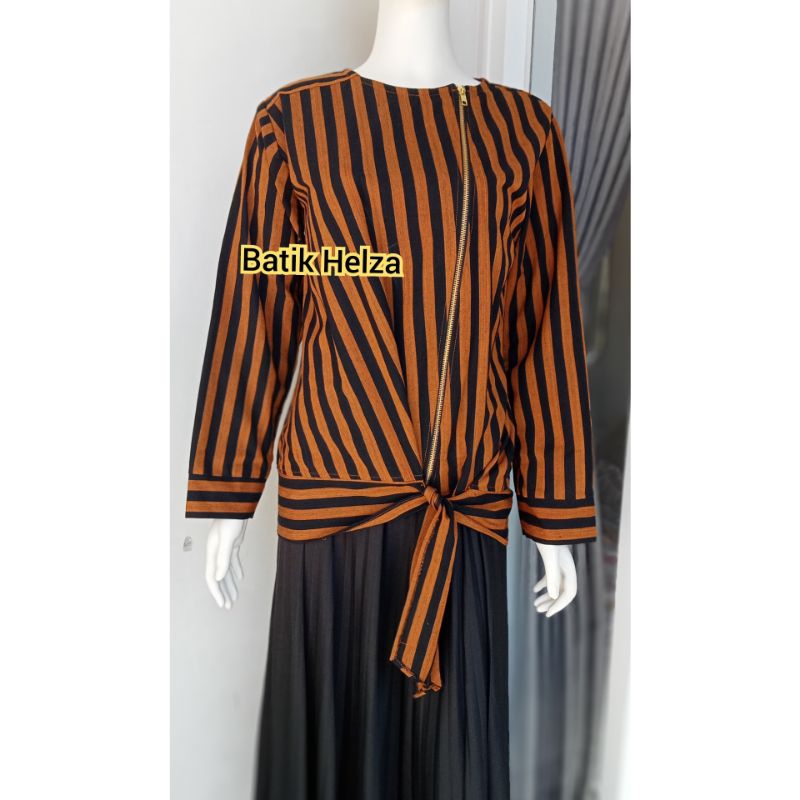 Blouse batik wanita motif lurik size S-XXXL dikombinasi dengan Zipper Besi didepan cocok untuk Kerja