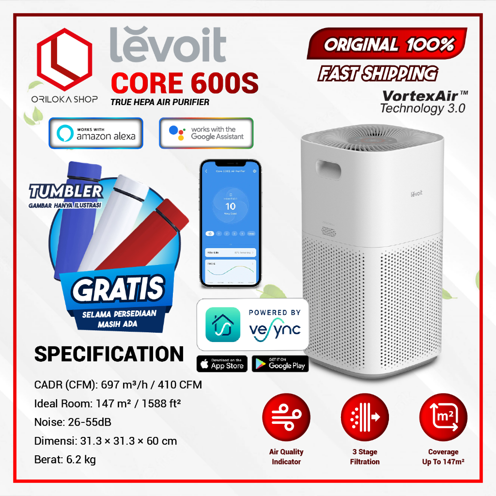 Levoit Core 600S Smart Wifi True Hepa H13 Air Purifier - Garansi Resmi