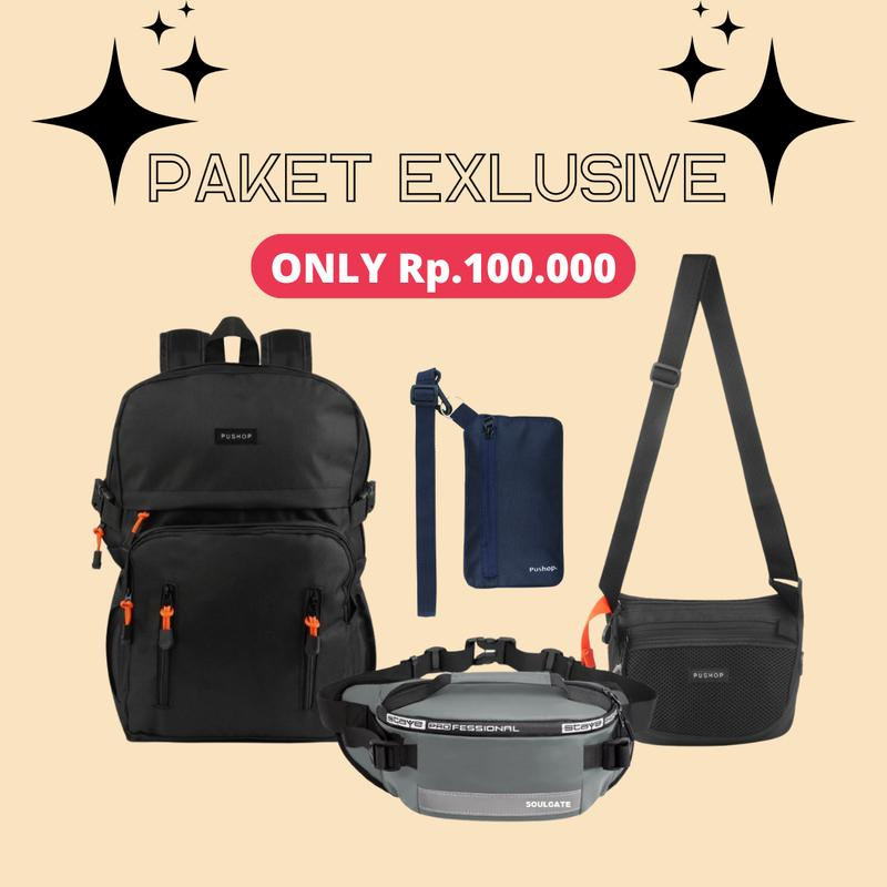 PUSHOP AUTHENTIC Special Bundling Paket EX2 100k Get 4pcs Tas Pria Ransel, Selempang, Waistbag Dan Hanging Wallet