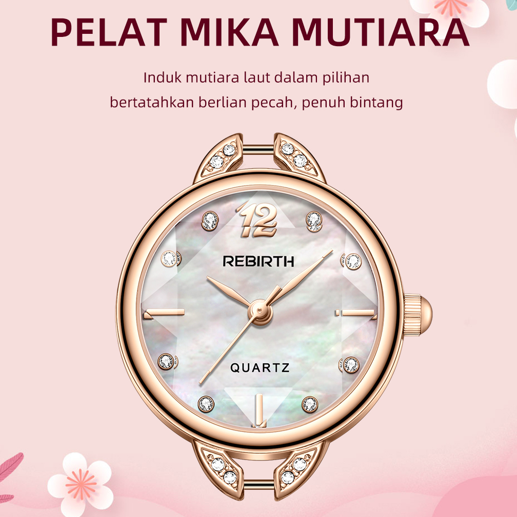 REBIRTH Jam Tangan Wanita Original Fashion Asli Gaya Elegan Skala Berlian Kuarsa Bentuk Anti Air Gelang Anti Air Jam Tangan Cewek