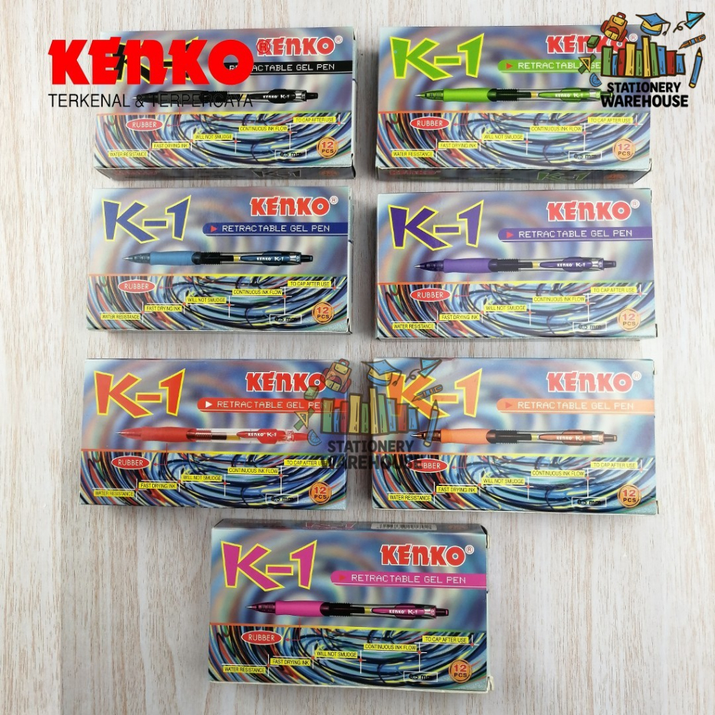 

Pena / Pulpen KENKO GEL PEN K-1 Retractable LUSIN / 12 PCS Hitam Biru Merah Pink Hijau ungu orange