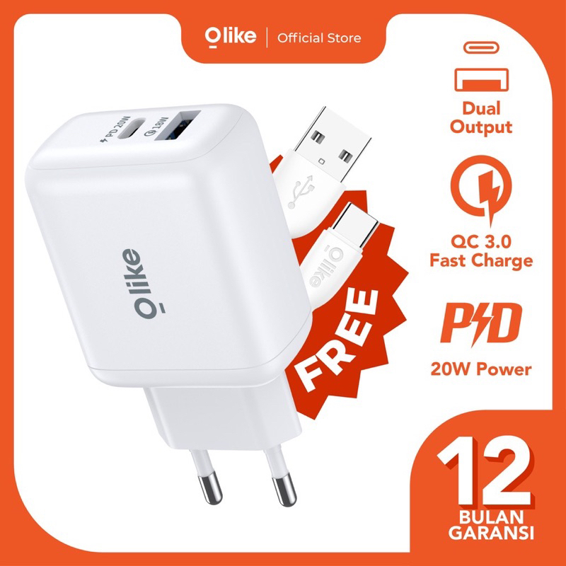 Olike C401 Kepala Charger Adapter Qualcomm Quick Charge 3.0 Power Delivery 20W Dual Port - Garansi 1 Tahun