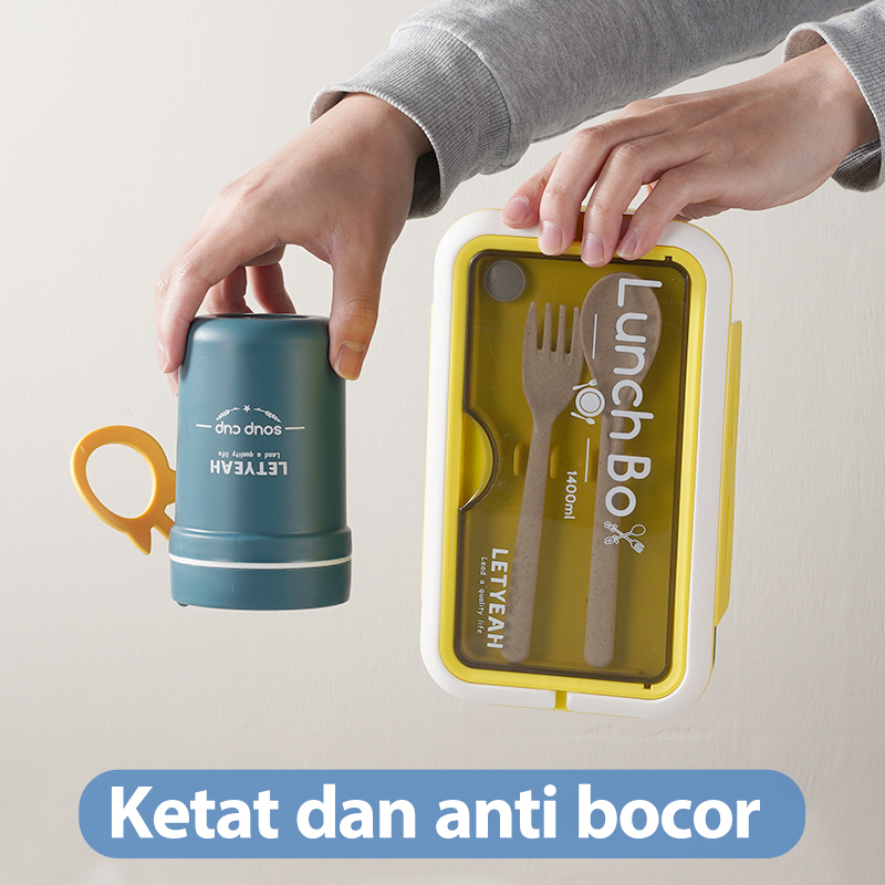 Letyeah &amp; Kaizenliving tempat makan anak sekolah set tas / kotak makan plastik 1400ml / lunch box set tas / tempat makan anti tumpah + stiker lucu