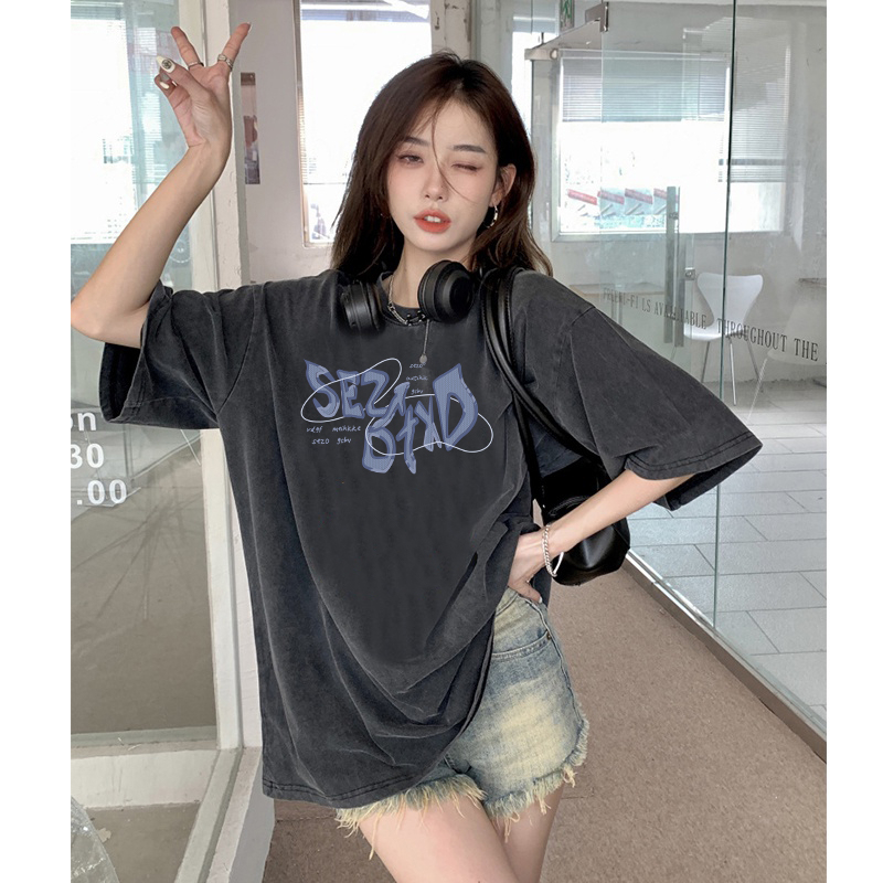 Kaos Vintage Hitam Atasan Wanita Lengan Pendek Oversize Printed T-shirt Baju Wanita Kekinian Korean Style/kaos pendek jumbo