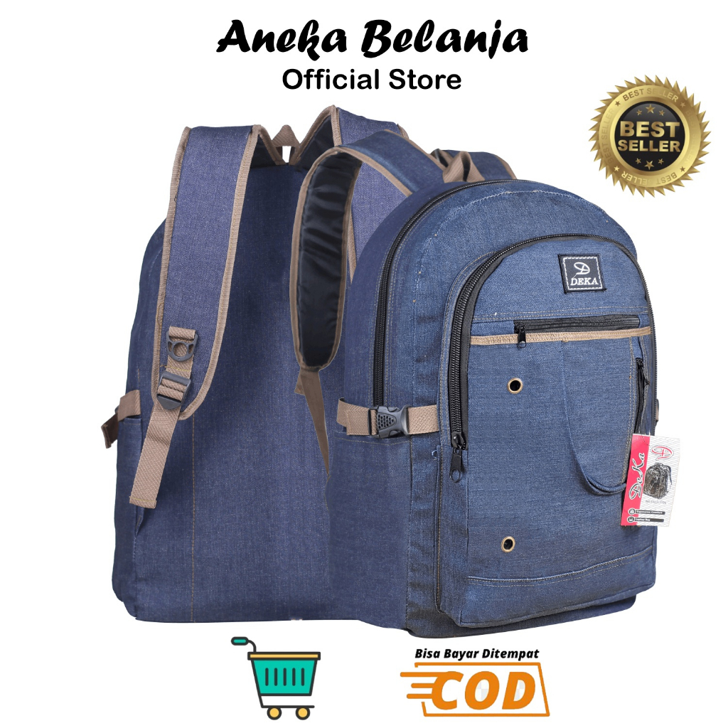 ANEKA - Tas Ransel Pria Distro Deka Denim Warna Navy Keren Backpack Fashionable Cowok Bahan Kanvas L