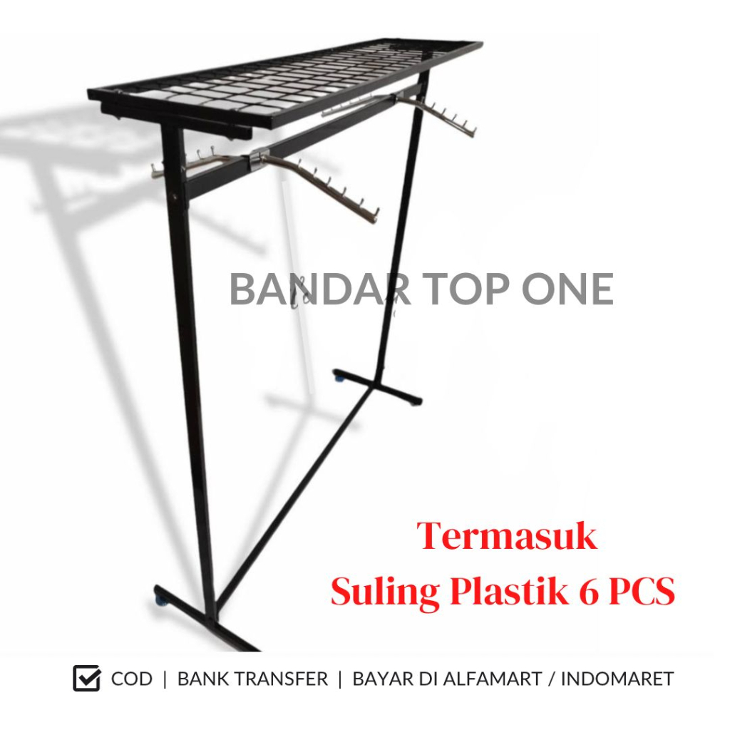 Gawang Gantungan Baju Holo Hitam Ukuran 100cm 120cm 150cm + Ram + Hanger Suling 6 Titik Pipa Kotak