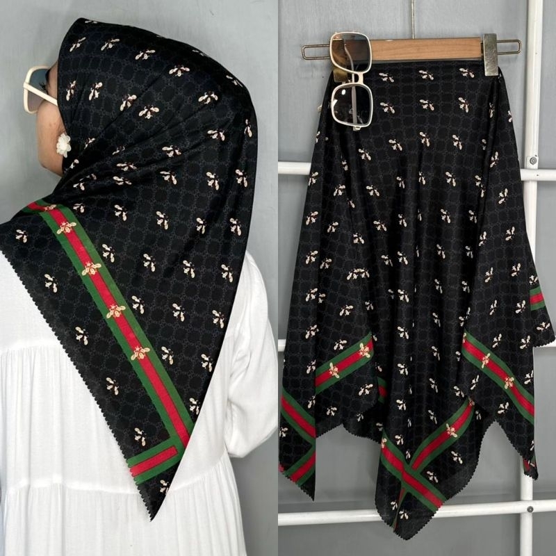 Hijab Jilbab Segiempat Voal Premium Motif Arumi Hitam Milo Biru Hijau