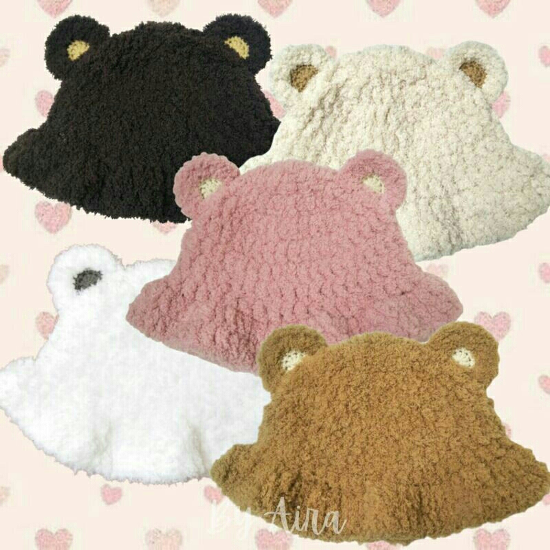 Fluffy Bear Crochet Bucket Hat / Topi Rajut Bulu Telinga Beruang (BACA DESKRIPSI)