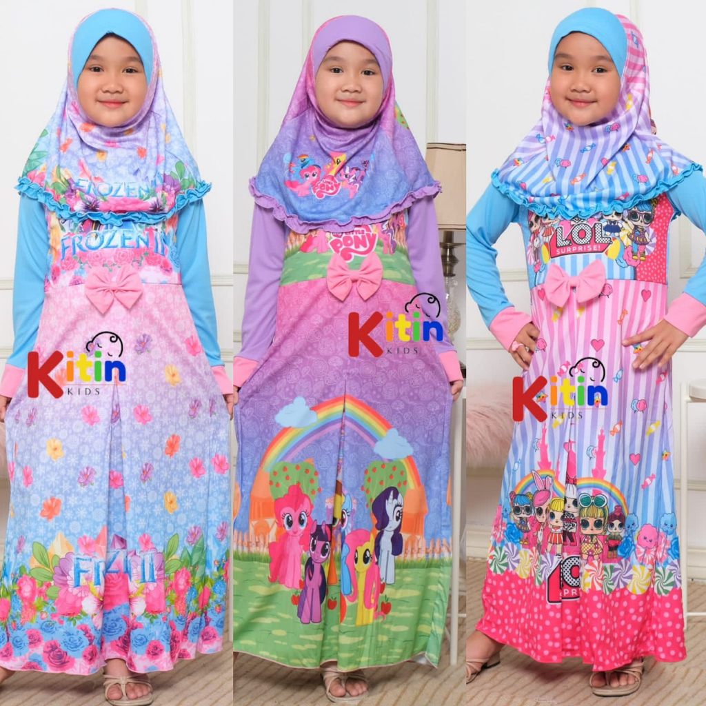 LY - GAMIS ANAK OVERALL PRINTING SET HIJAB 6-11 TAHUN/ BAJU MUSLIM NGAJI ANAK PEREMPUAN MOTIF FROZEN