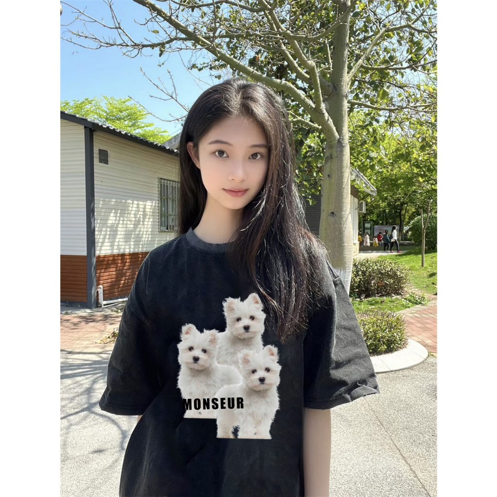 EUNII T-shirt Lengan Pendek Black Washed Cute Dog Family Printing Korean Style/Kaos Atasan Wanita/Baju Wanita/Kaos Wanita