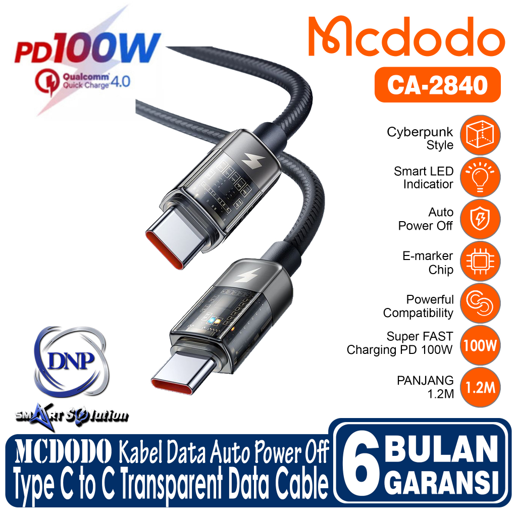 MCDODO CA-2840 Kabel PD Transparent Auto Power Off Type C to Type C