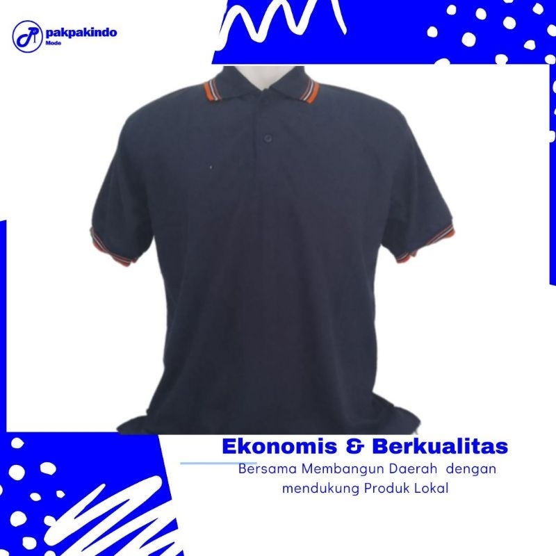 KAOS POLO KERAH POLOS NAVY BIRU DONGKER KOMBINASI LIS OREN ORANGE LENGAN PENDEK PRIA WANITA TERBAIK 