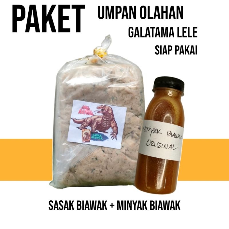 SATU PAKET UMPAN OLAHAN SIAP PAKAI SASAK BIAWAK + MINYAK BIAWAK UNTUK MANCING GALATAMA LELE