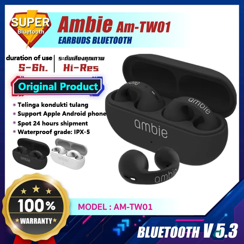 Ambie Sound Headset Bluetooth 5.1 True Wireless Earphone 9D HiFi Stereo Sound Volume Control With Mic