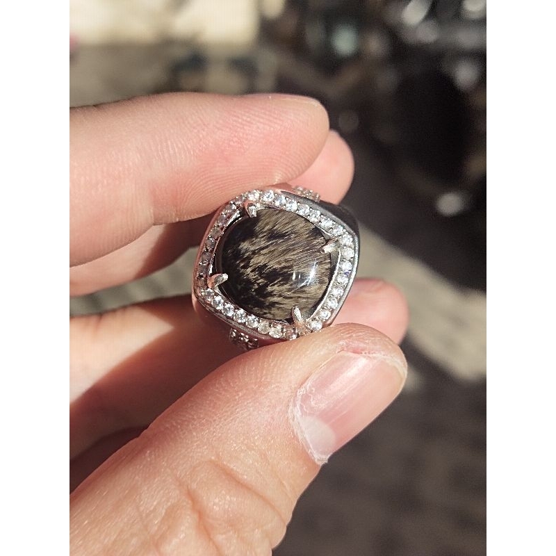 batu bulu macan cincin perak motif anjing burung