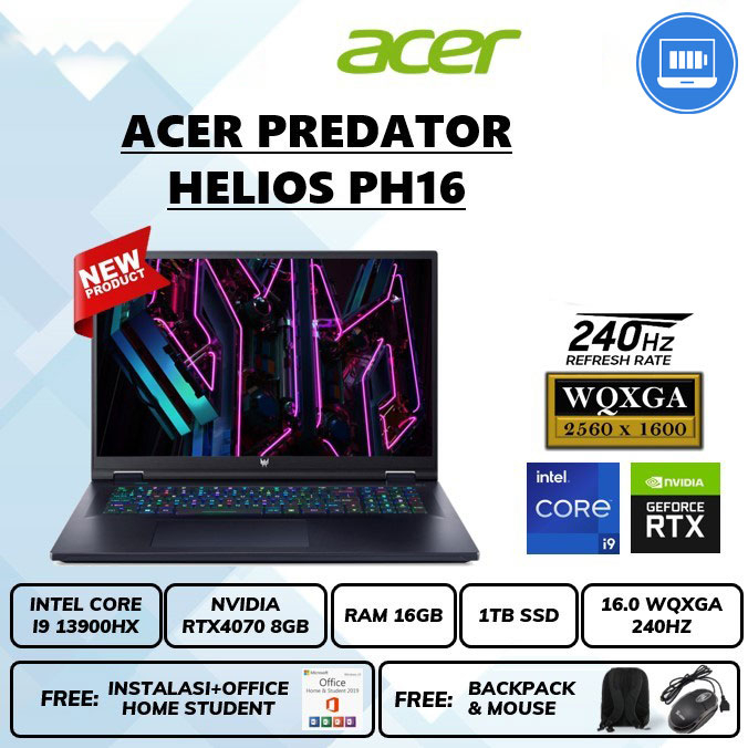 Laptop Acer predator helios ph16 rtx4070 8gb Core i9 13900hx Ram 16gb Ssd 1tb