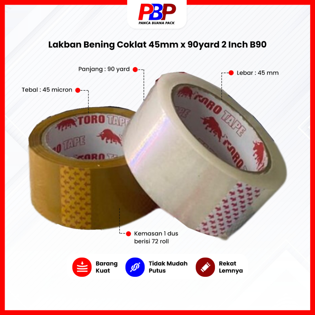 

Lakban Bening Coklat 45mm x 90yard 2 Inch B90 Satu Kardus Kualitas Toro Tidak Mudah Putus Perekat Kuat Untuk Packing Kardus