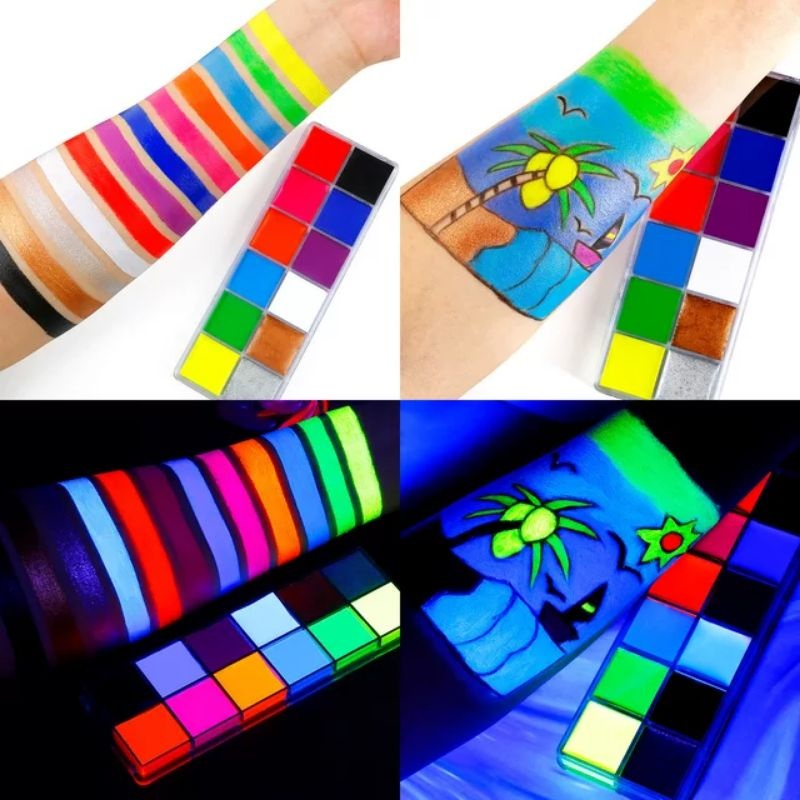 Face body paint painting cat wajah body art make up set kit wajah oil based anak warna 12 rainbow glow in the dark neon uv free brush kuas halloween