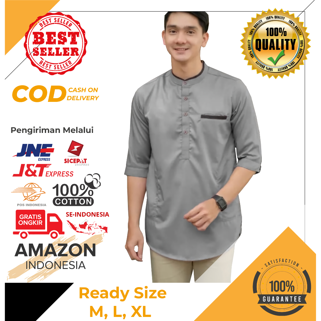 Baju Koko Kurta Dewasa Lengan 3/4 Warna Abu Abu Material Catton Adem Serap Keringat