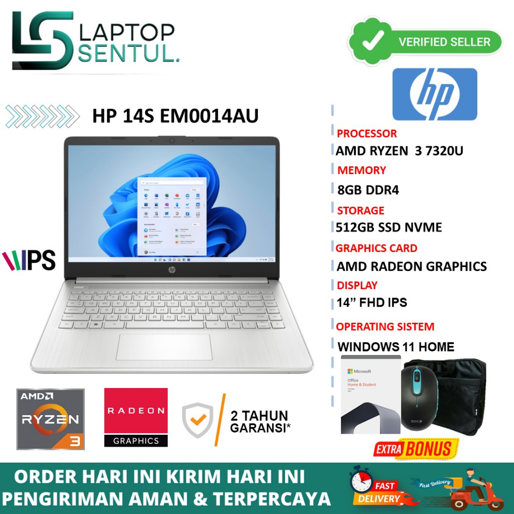 Laptop Gaming Murah HP 14S EM0014AU AMD Ryzen 3 7320U 16GB DDR5 512GB SSD FHD Windows 11 OHS Original