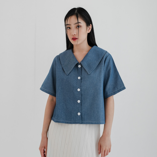 [Tavia] Kyra Denim Blouse / Blouse Wanita / Denim Wanita / Atasan Wanita / Atasan Lengan Pendek / Kemeja Wanita