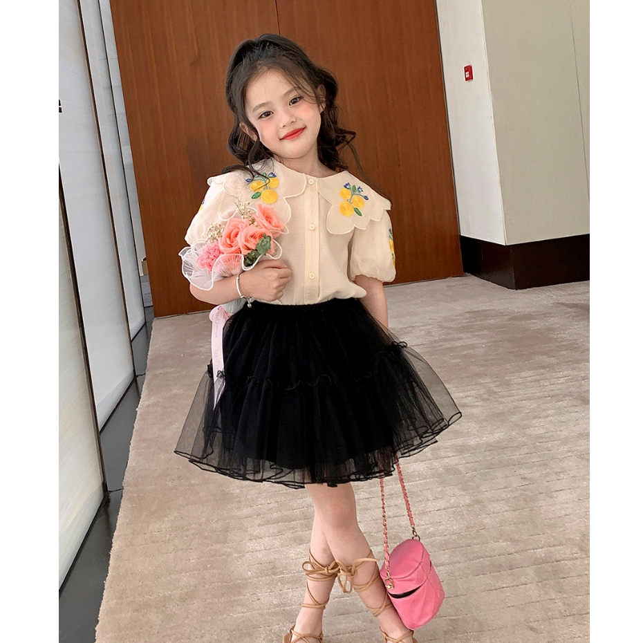 SSP80/89-Setelan Set 2in1 Anak Perempuan Fluffy Sleeve Embroidery Flower