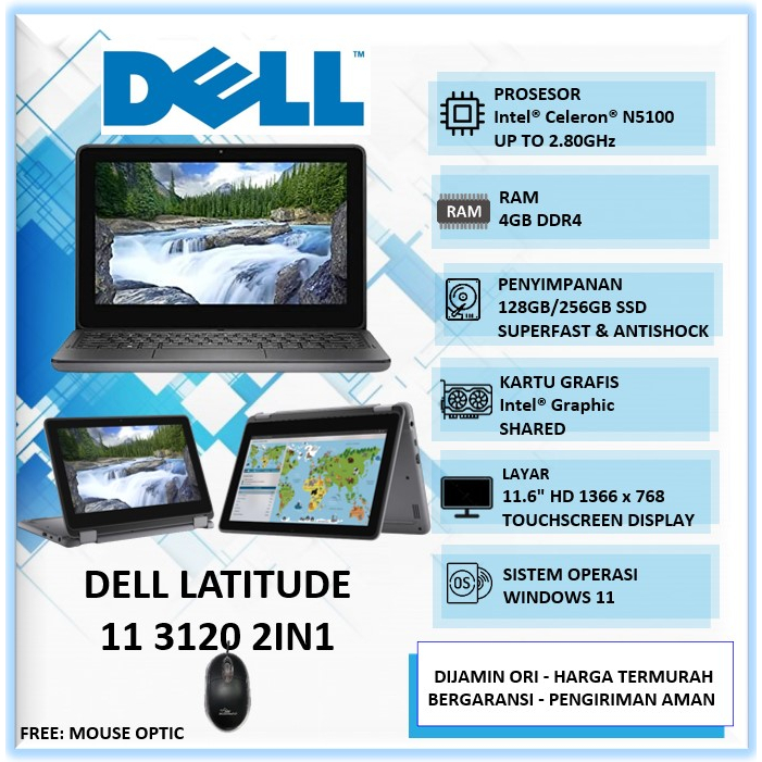 Laptop Tablet Sekolah Baru Murah Dell Latitude 11 3120 Intel N5100 Ram 4GB SSD 128GB 256GB 11.6" Tou