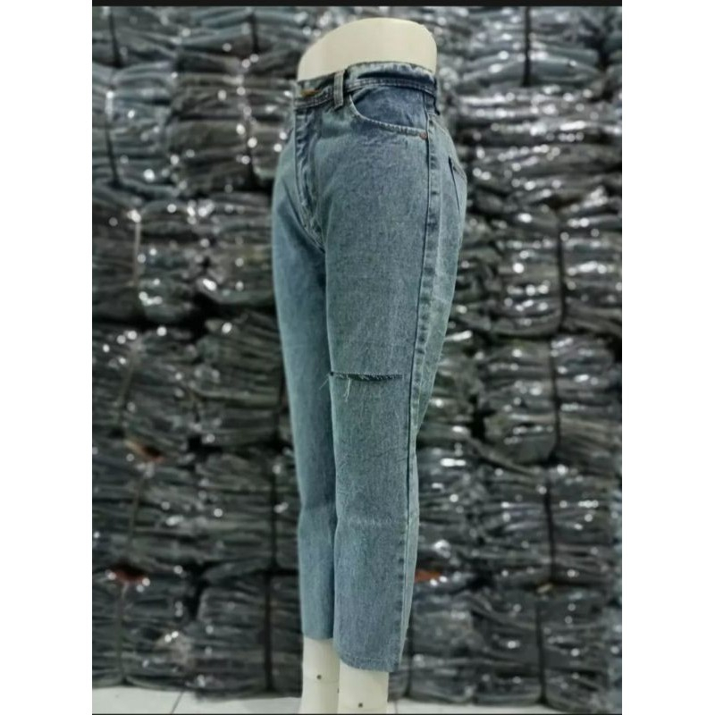 celana jeans wanita sobek kiri kekininan snow black highwaist