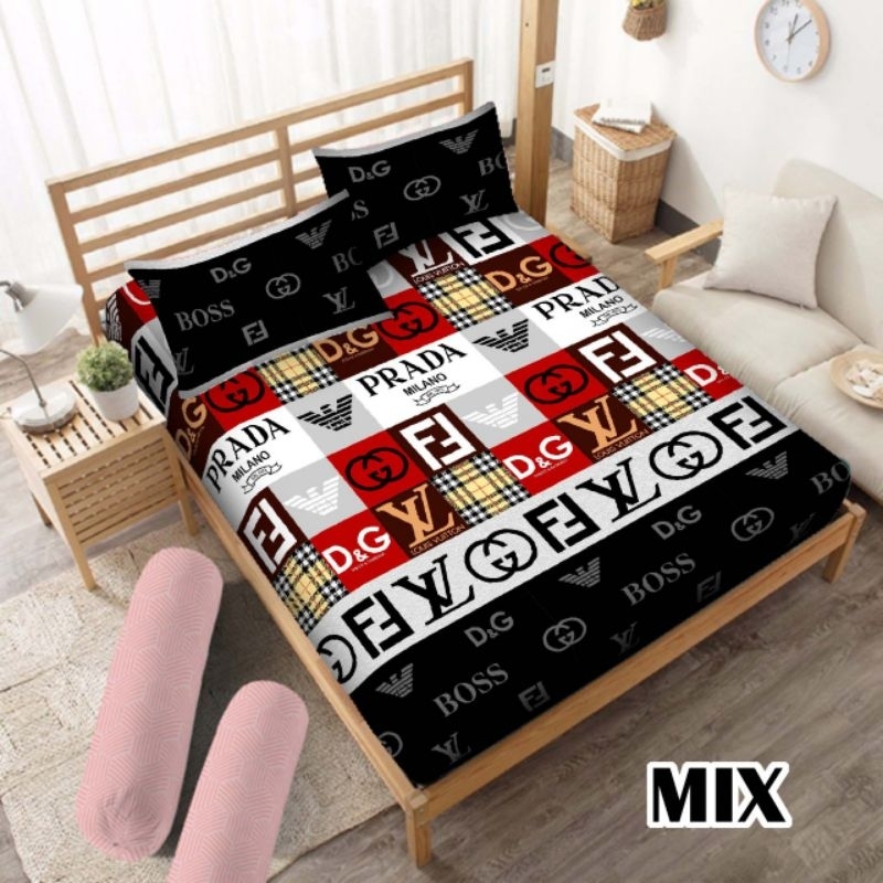Bedcover Set / Bed Cover + Sprei Motif Mix Prada LV Boss D&G Milano Premium Aeshtetic Minimalis Term