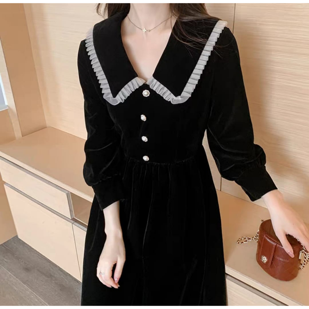 RETRO VELVET LACE COLLAR MIDI DRESS