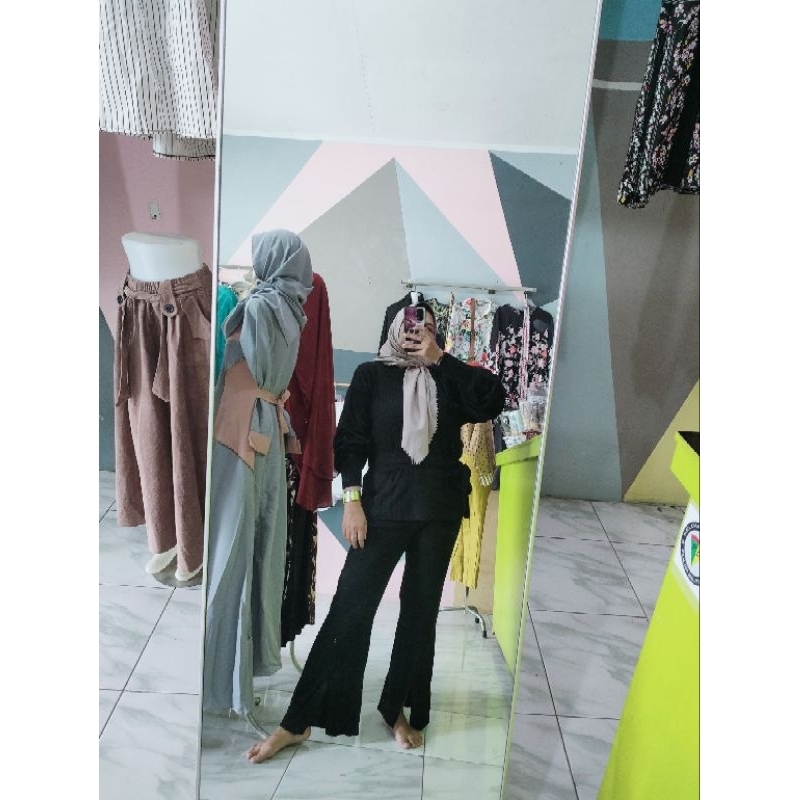 Setelan Rajut Knit premium lengan panjang balon polos bkk