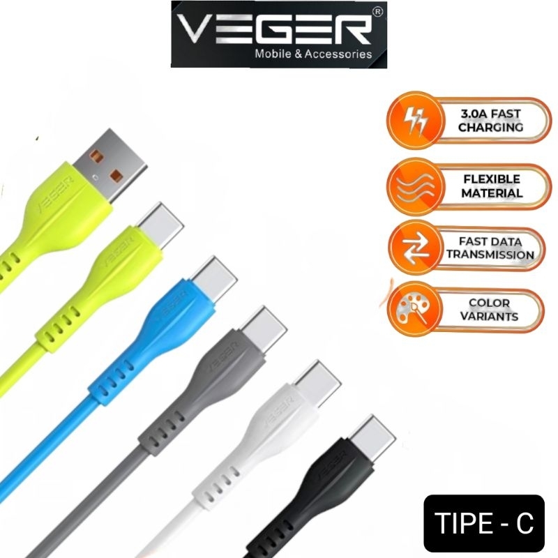 VEGER KABEL DATA TIPE-C 3.0A QUICK CHARGING KABEL USB MURAH PROMO VEGER V108 HIGH QUALITY. UNTUK SMARTPHONE ANDROID