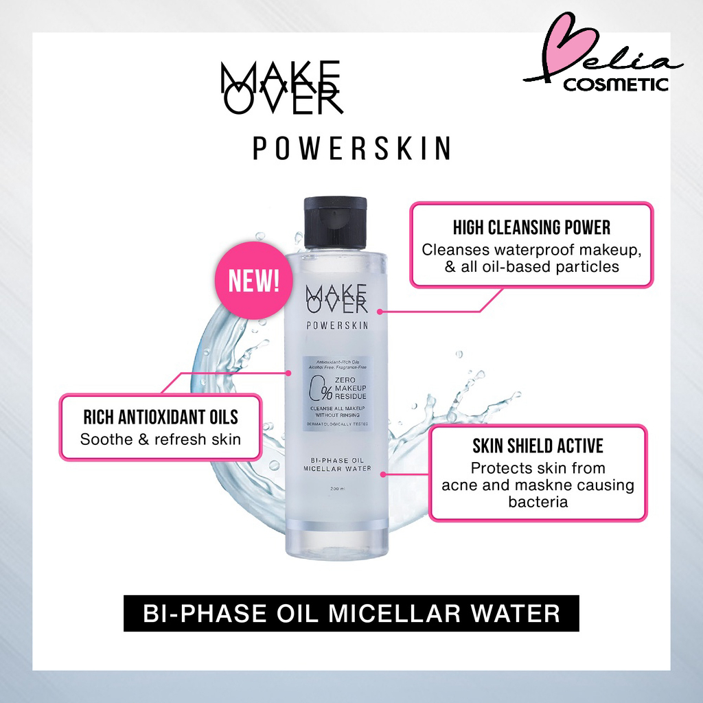 ❤ BELIA ❤ MAKE OVER Powerskin Bi-Phase Oil Micellar Water 200ml | 0% Zero Makeup Residue | BPOM