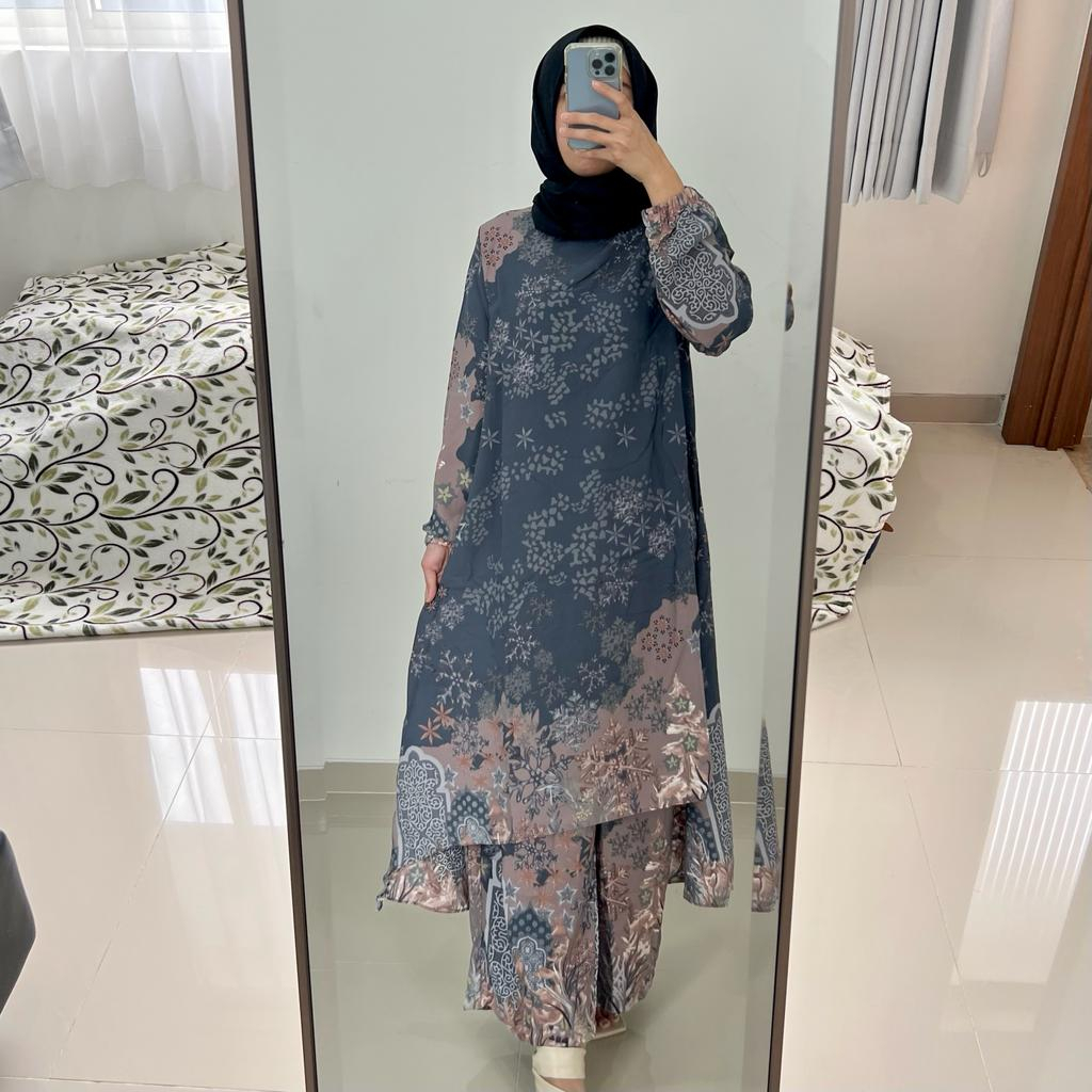 Setelan Gamis Kanaya - Gamis Serut Pesta Raya Syari wanita Casual Lebaran Maxmara Lux MCL2 Tali Pinggang Samping