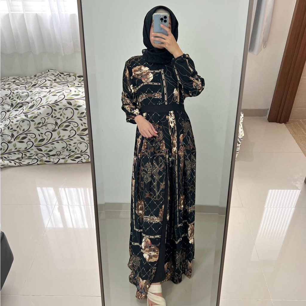 Setelan Gamis Liora - Gamis Serut Pesta Raya Syari wanita Casual Lebaran Maxmara Lux MCL2 Tali Pinggang Samping