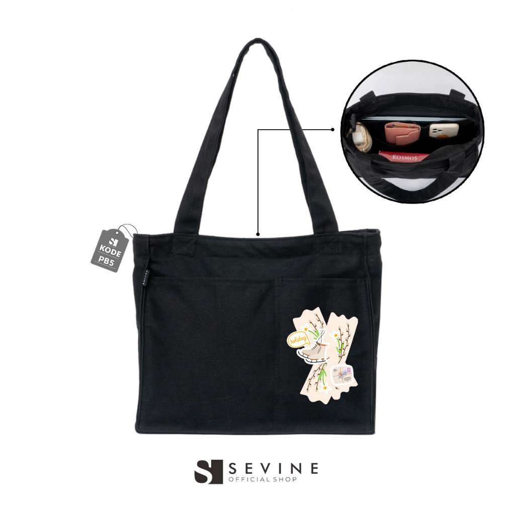 Sevine Totebag Kanvas Rebecca Tas Wanita Tote Bag Kuliah Sekolah Kerja Sekat Laptop Hitam Elegan Aesthetic - PB