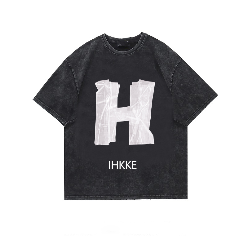 EUNII T-shirt Lengan Pendek Black Washed Vintage H Letter Printing Korean Style/Kaos Atasan Wanita/Baju Wanita