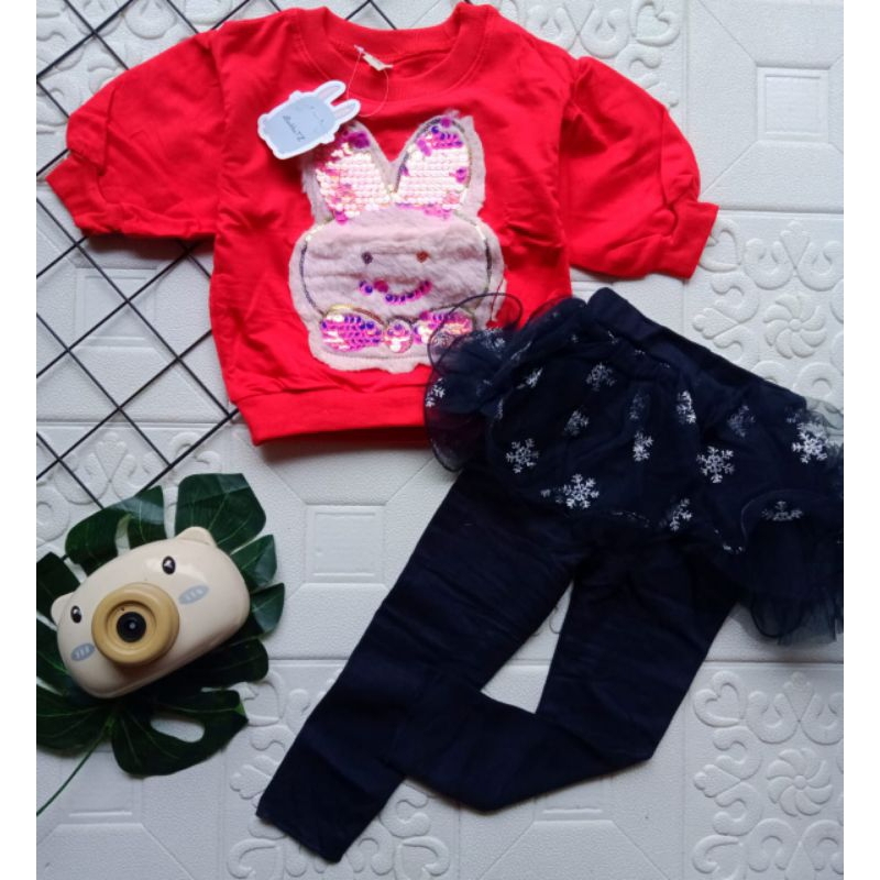 SETELAN ROK LEGGING ANAK PEREMPUAN IMPORT 1-5 TAHUN LENGAN PANJANG 7/8 / SETELAN ANAK CEWEK IMPORT ROK CELANA LEGGING TUTU + SWEATER ANGSA  BEAR KELINCI DANCE PITA MUTIARA