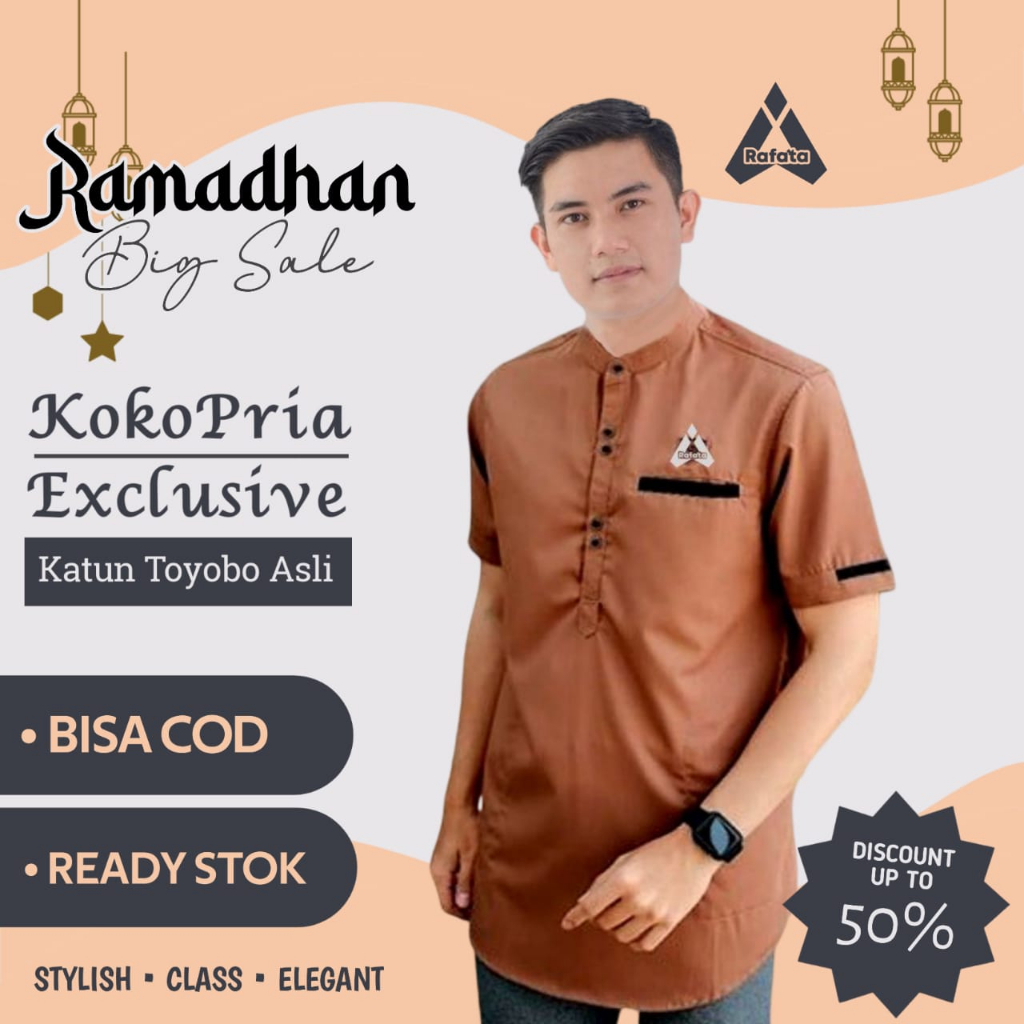 Baju Koko Pria Dewasa Kurta Rafata Kain Katun Toyobo Lengan Pendek Muslim Tebal Adem Murah Terbaru W