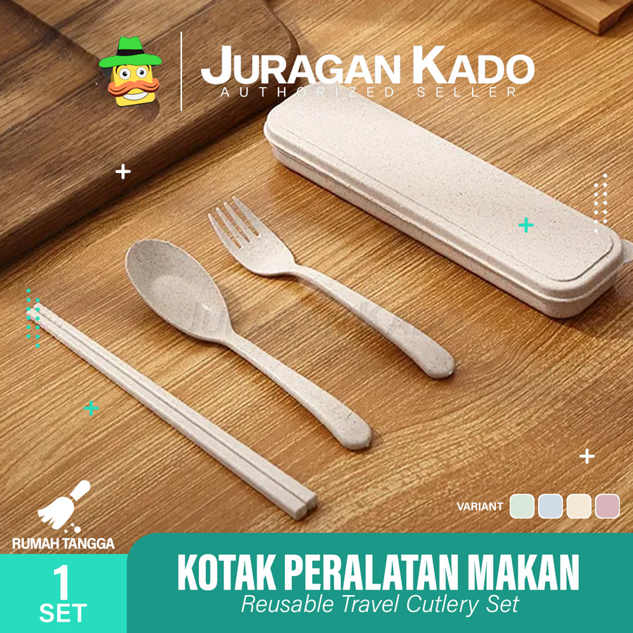 Alat Makan Set 3in1 Sendok Garpu Sumpit Plastik dengan Kotak Box Souvenir Bahan Jerami Gandum Cutlery Set