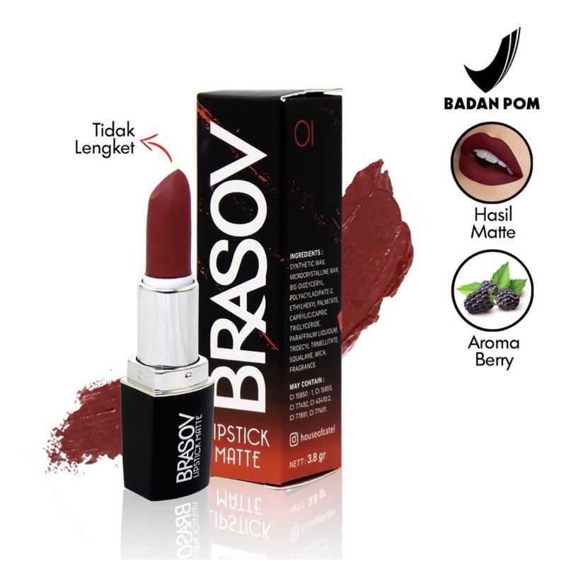 BRASOV Lipstik Matte Pigmented 3,8gr / Lipstik Brasov Longlast Tidak Lengket Aroma Buah Berry BPOM