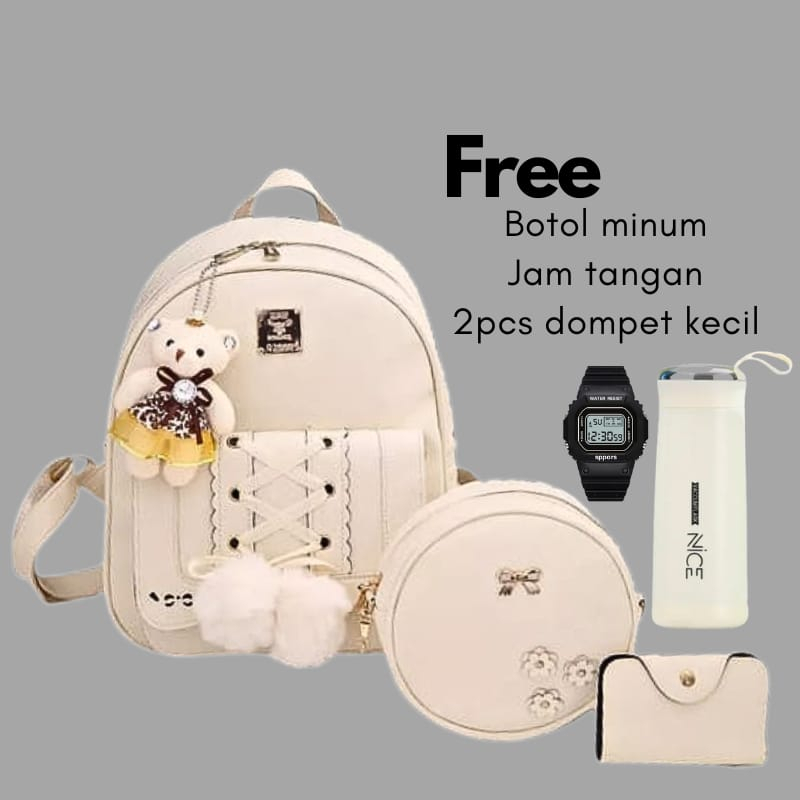 Tas Ransel Wanita 4in1 Backpack Prempuan Anti air/Tas Sweat Pompom Free Botol Sama Jam Tangan