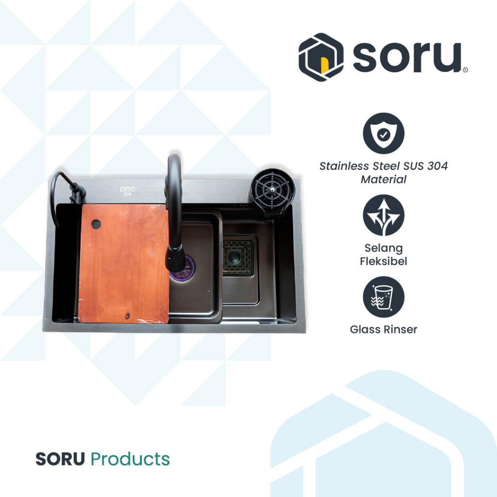 Soru Set Kitchen Sink Stainless Steel SUS304 & Pembersih Gelas