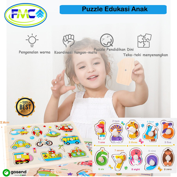 Puzzle Anak Kayu Puzle Knob Jigsaw Wooden Mainan Edukasi Pengenalan Agka Huruf Animal Karakter Lucu